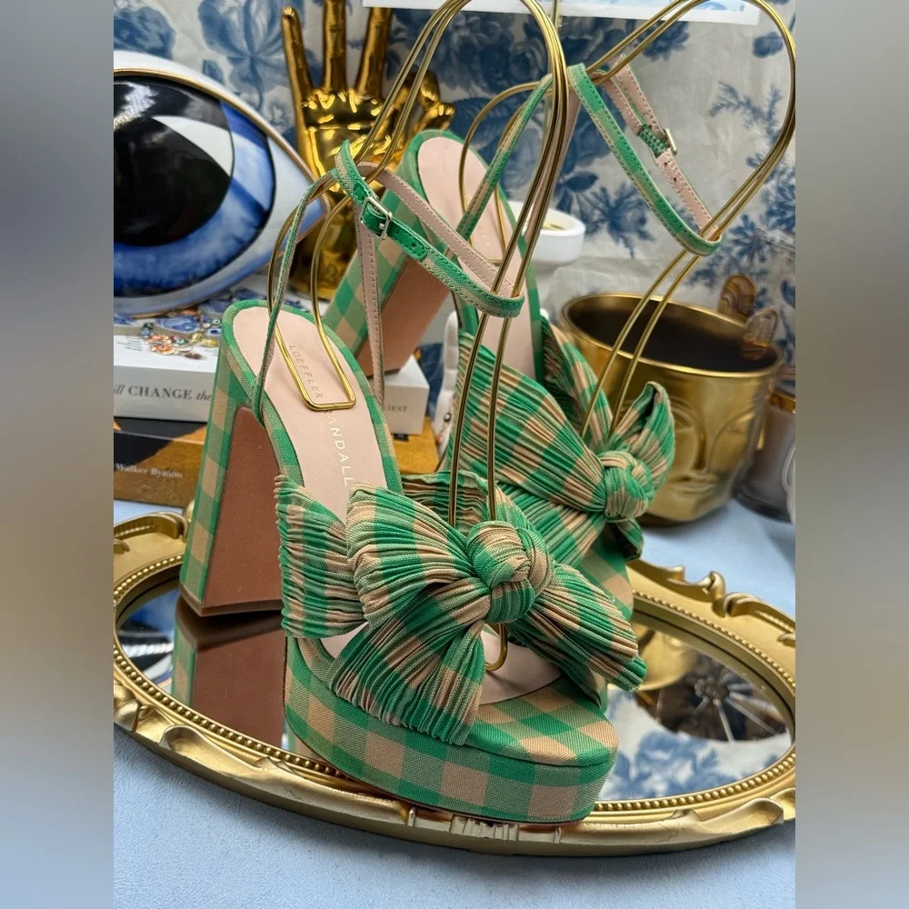 🆕 LOEFFLER RANDALL 🧿 NWOB Natalia Pleated Bow Platform Sandal, Plaid Green Sz7